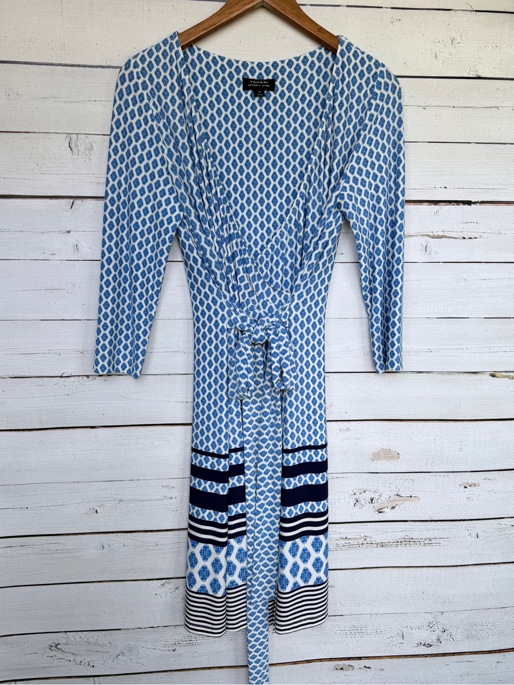 Tahari Geometric Print Faux Wrap Jersey Midi Dress with Tie Waist - Size 6